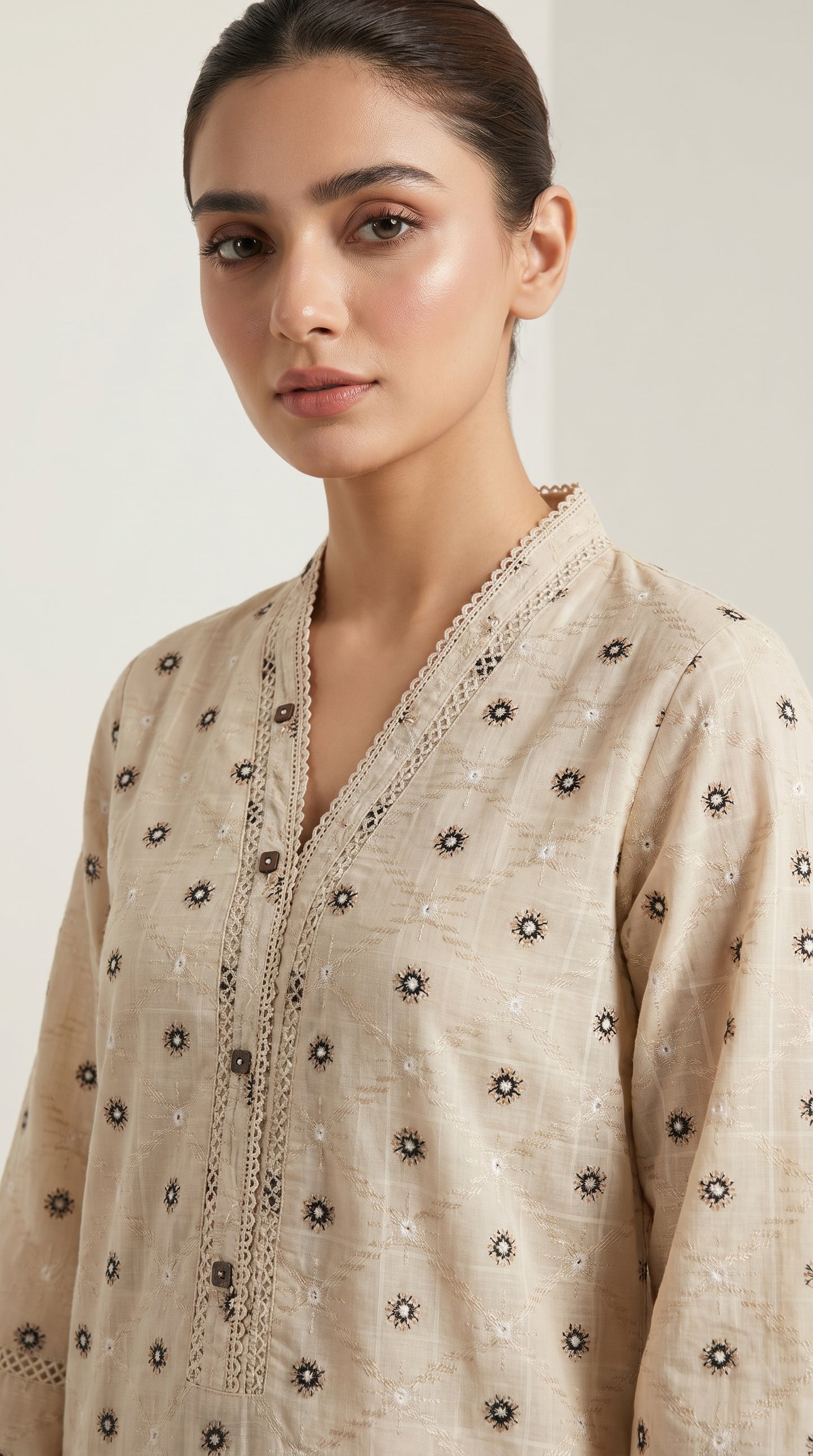 Beige Jacquard Embroidered Stitched Suit.