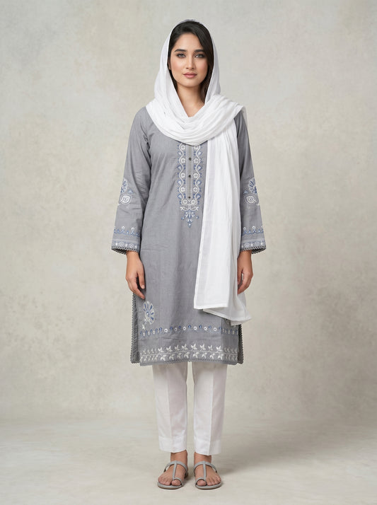 Elegant Grey Embroidered 2-Piece Kurta with White Trousers