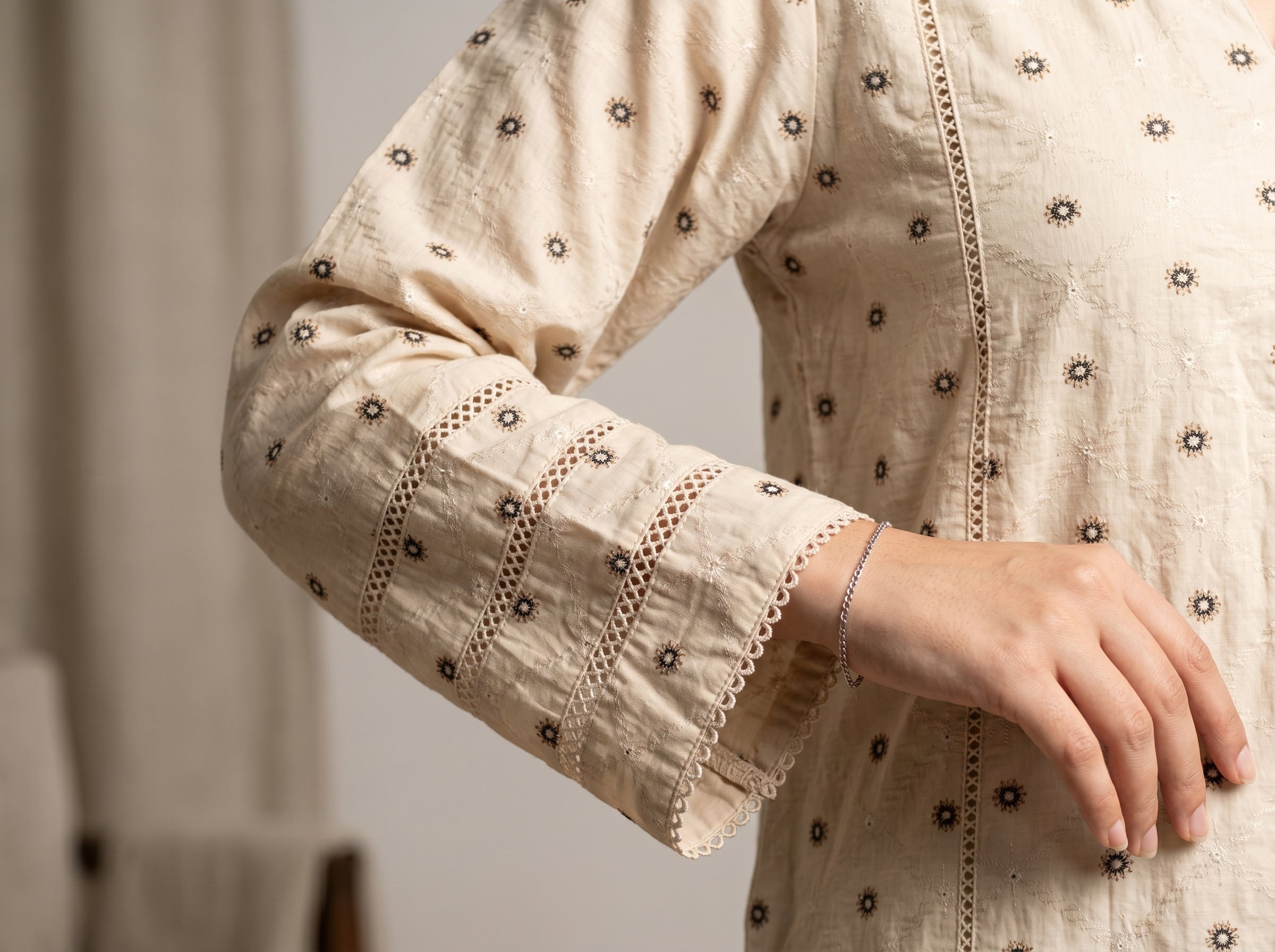 Beige Embroidered Long Kurti with Lace Hem 🤍