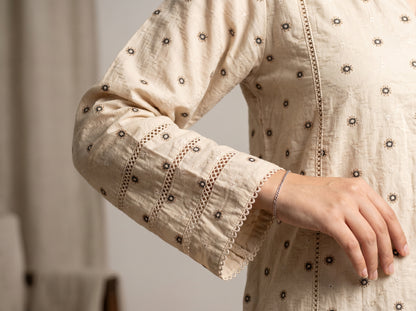 Beige Jacquard Embroidered Stitched Suit.
