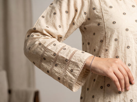 Beige Jacquard Embroidered Stitched Suit.