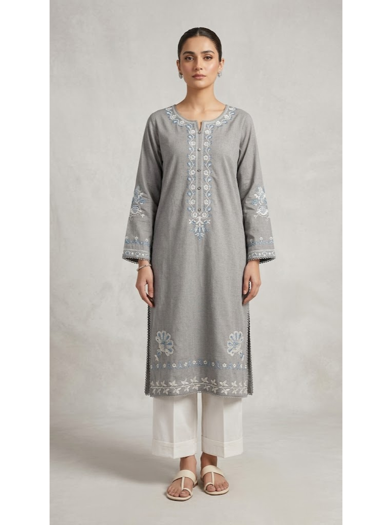 Grey Embroidered Kurti with Floral Motifs ✨