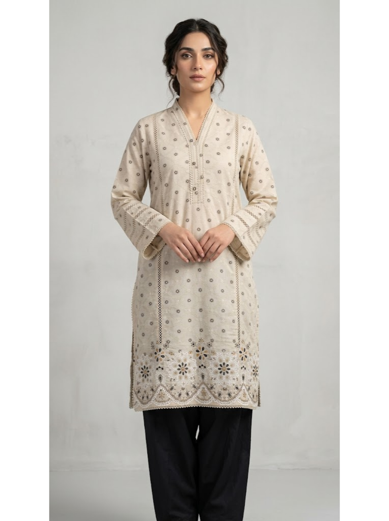 Beige Embroidered Kurti with Scalloped Lace Hem 🤎