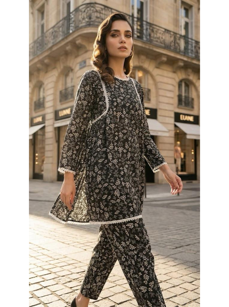Black Floral Printed 2-Piece Lawn Suit 🖤