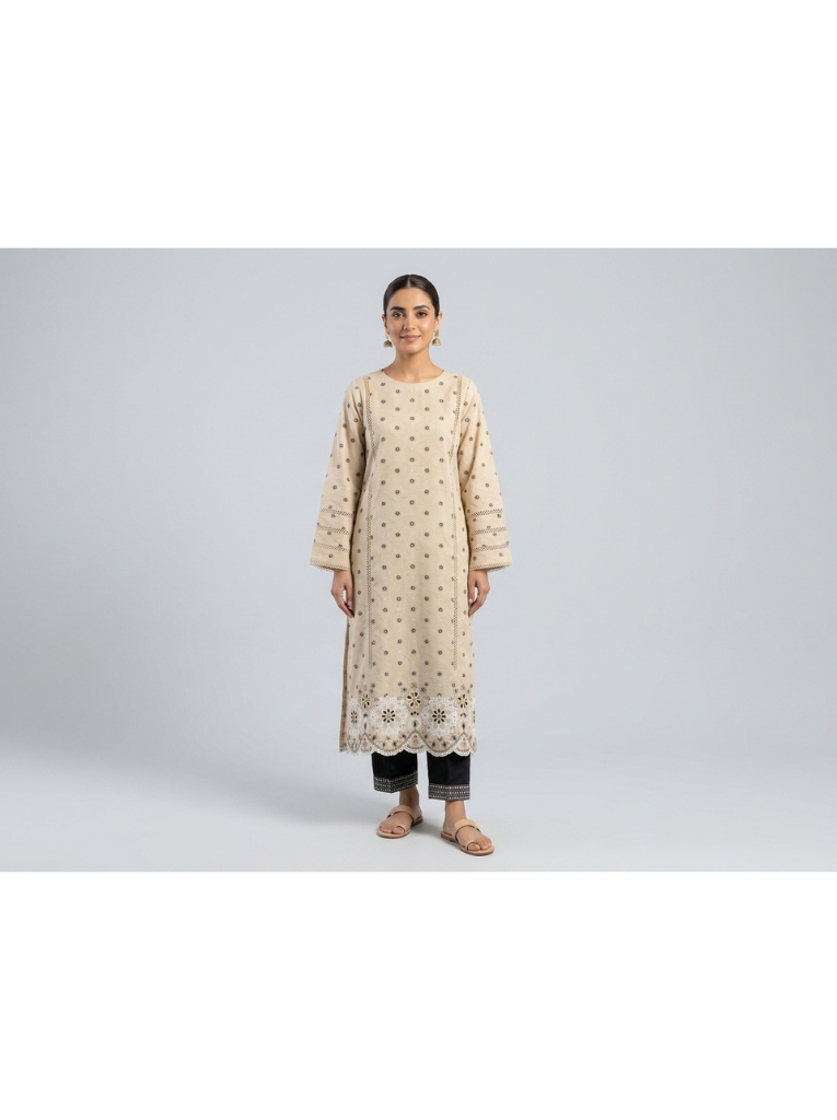 Beige Embroidered Long Kurti with Lace Hem 🤍