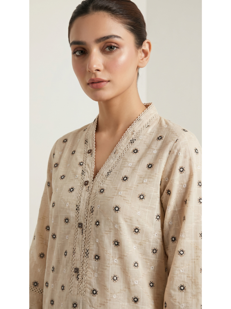 Beige Embroidered Long Kurti with Lace Hem 🤍
