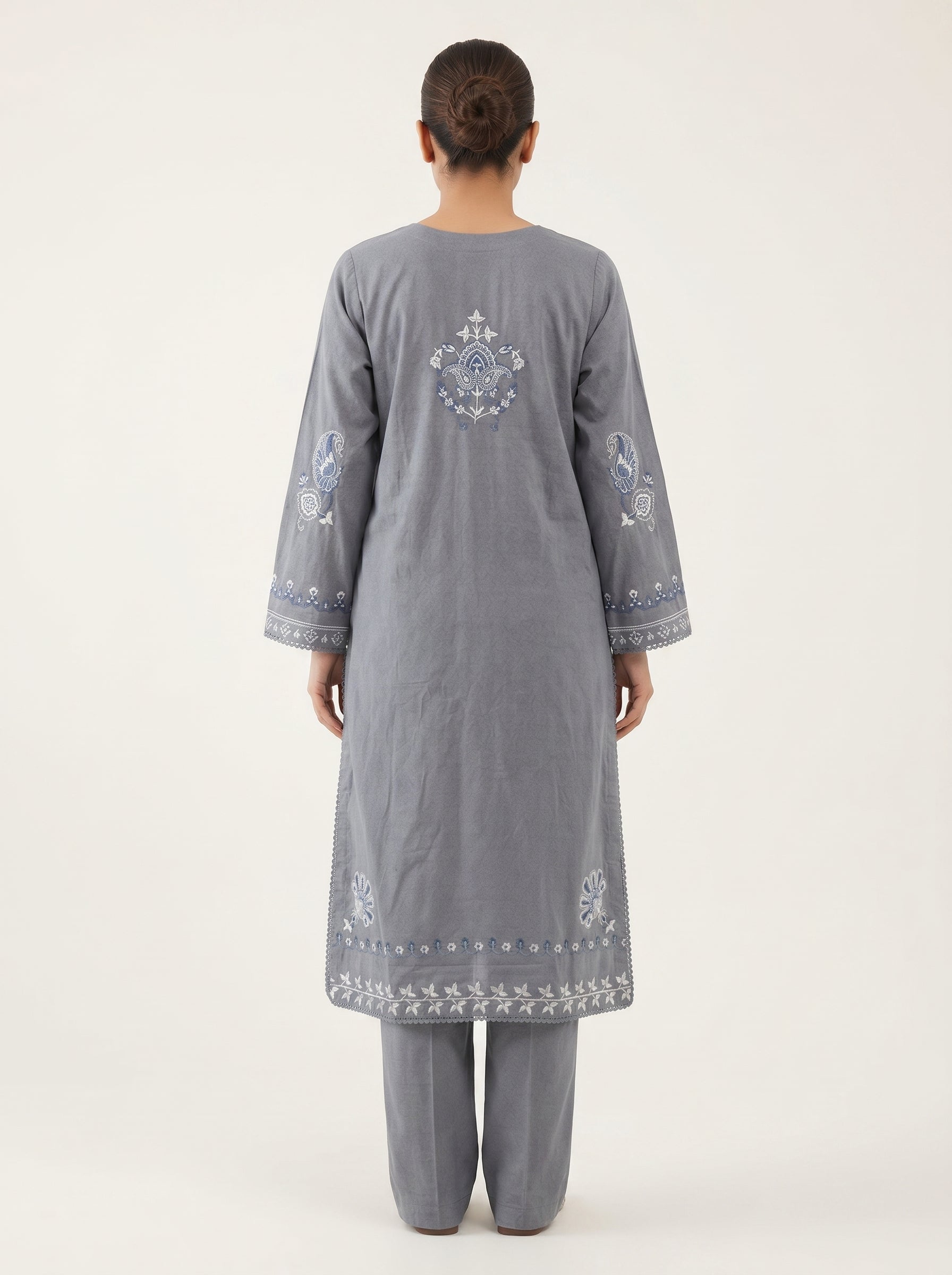 Elegant Grey Embroidered 2-Piece Kurta with White Trousers 🤍