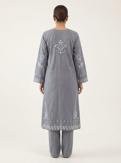 Elegant Grey Embroidered 2-Piece Kurta with White Trousers