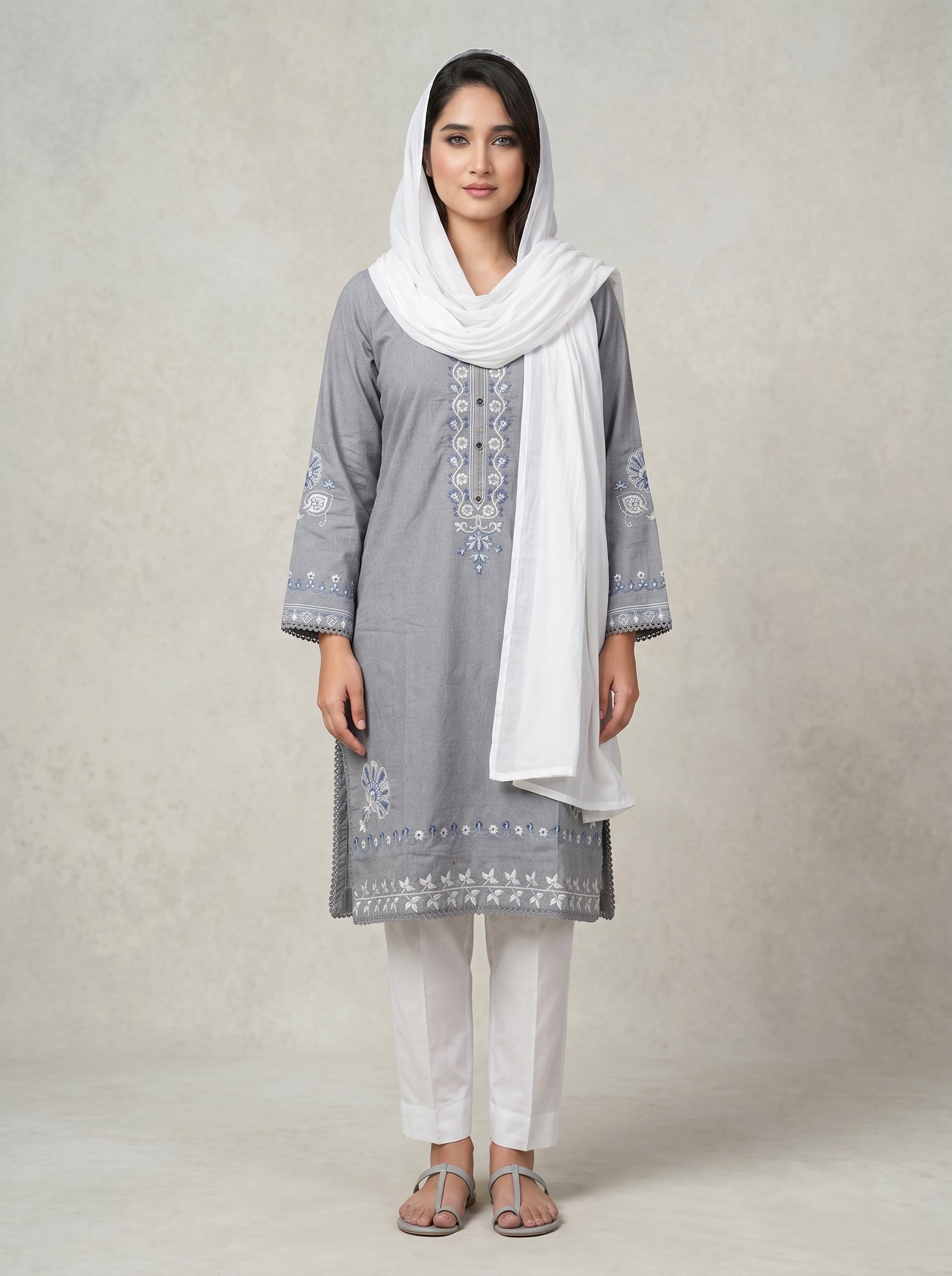 Elegant Grey Embroidered 2-Piece Kurta with White Trousers 🤍