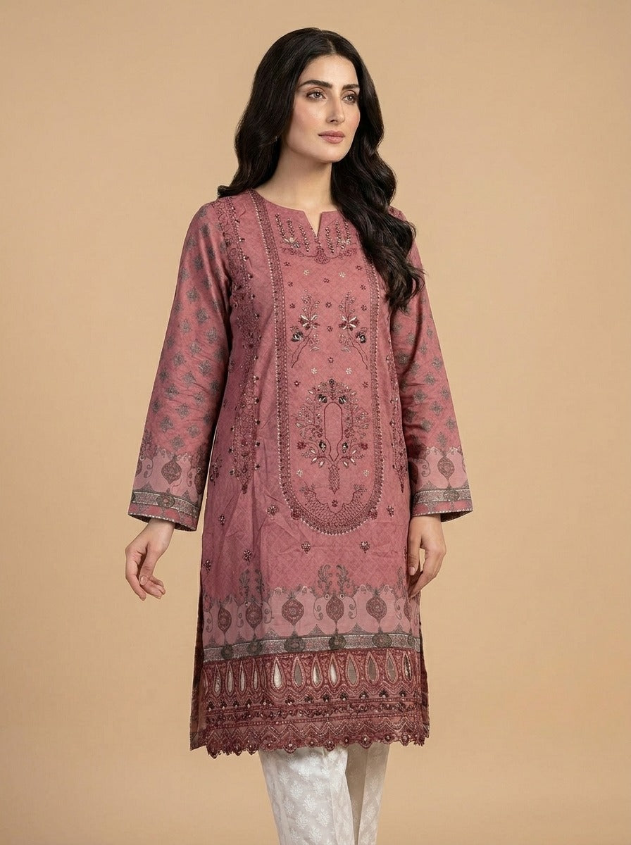 Mauve Pink Embroidered Kurti with Ornamental Border 🌹