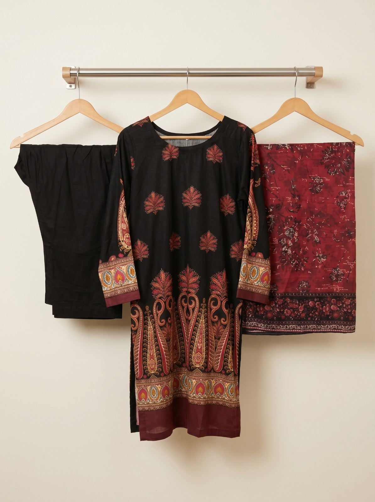 Classic Black & Red Paisley Printed 3-Piece Lawn Suit 🖤