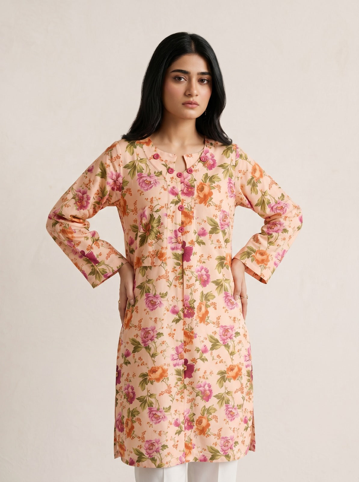 Peach Floral Printed Button-Down Kurti 🌸
