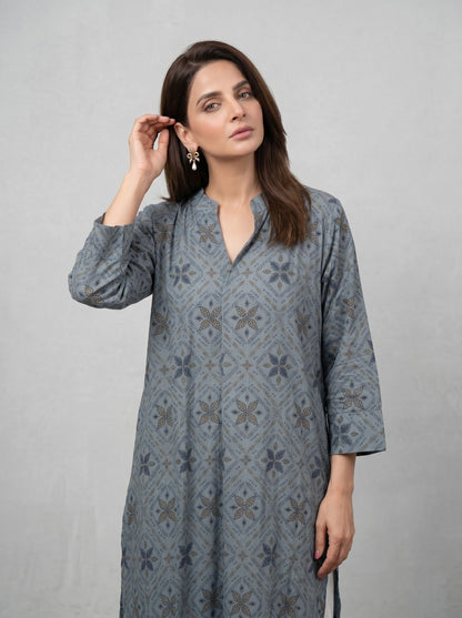 Elegant Blue Geometric Print Lawn Co-ord Set