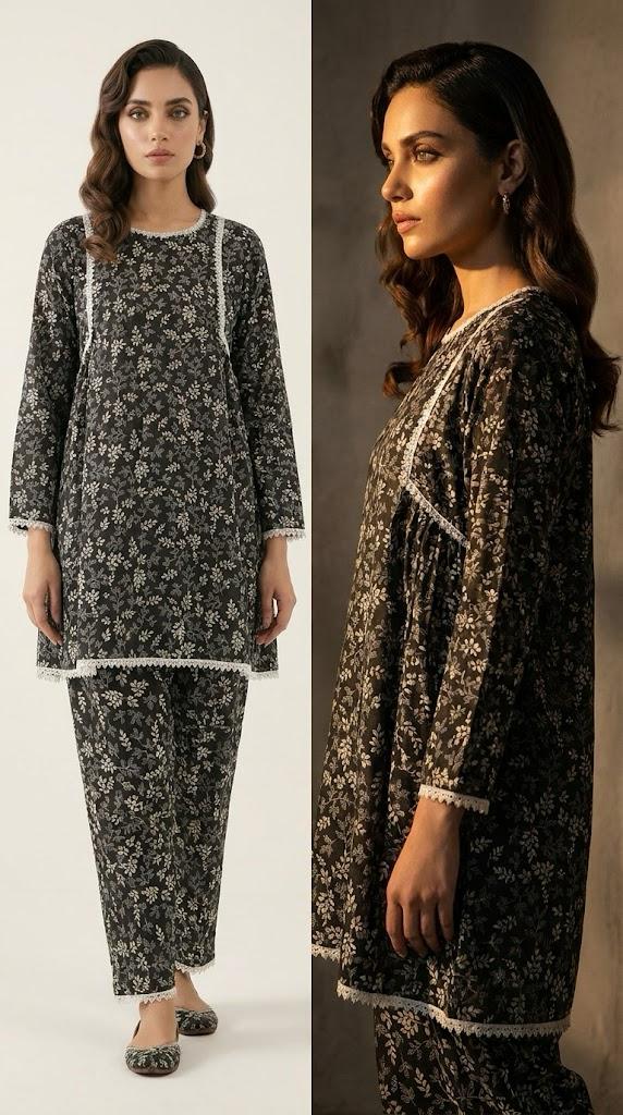 Black Floral Printed 2-Piece Lawn Suit 🖤