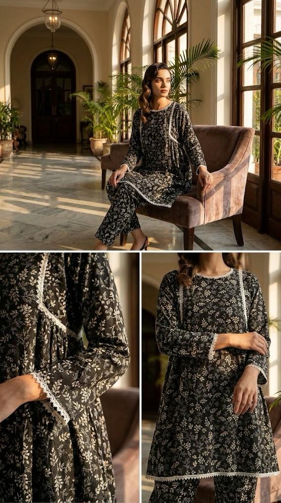 Black Floral Printed 2-Piece Lawn Suit 🖤