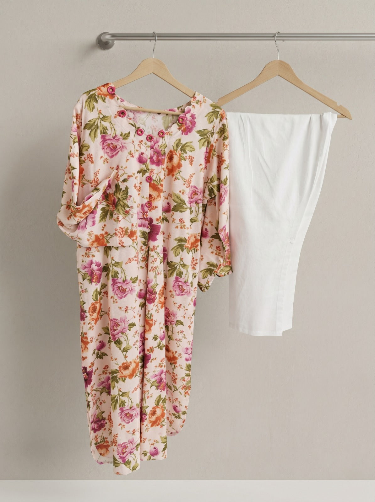 Peach Floral Printed Button-Down Kurti 🌷