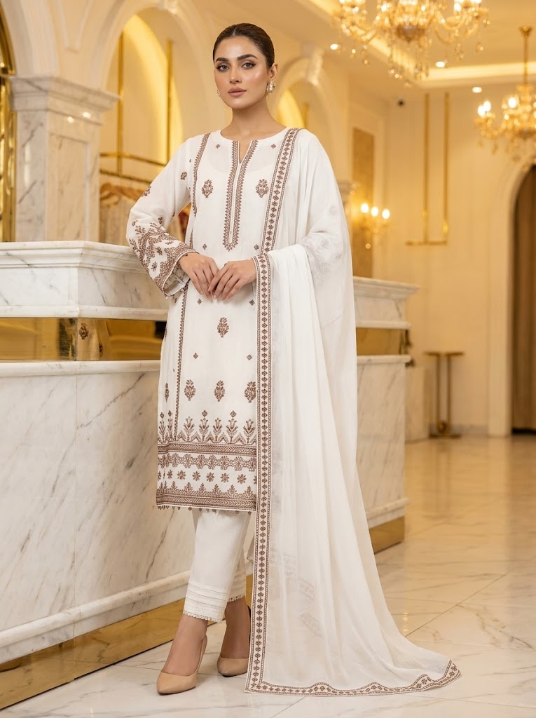 White & Gold Embroidered 3-Piece Suit with Palazzo 🤍