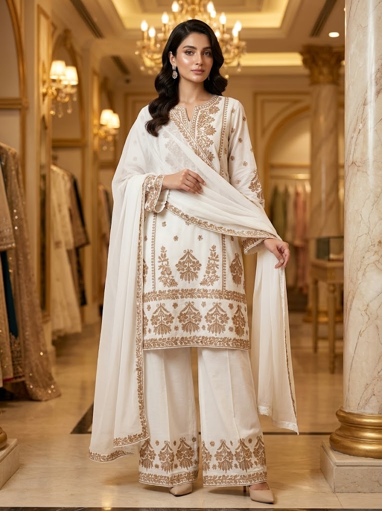 White & Gold Embroidered 3-Piece Suit with Palazzo 🤍