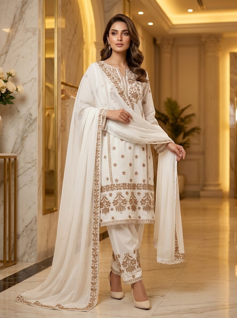 White & Gold Embroidered 3-Piece Suit with Palazzo 🤍