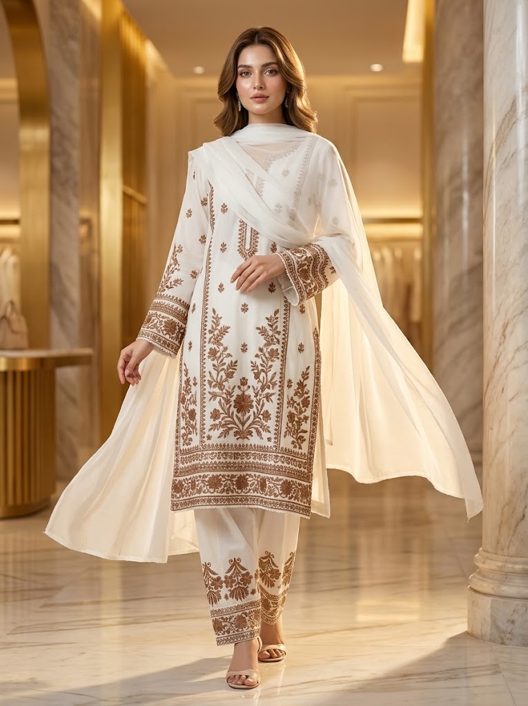 White & Gold Embroidered 3-Piece Suit with Palazzo 🤍