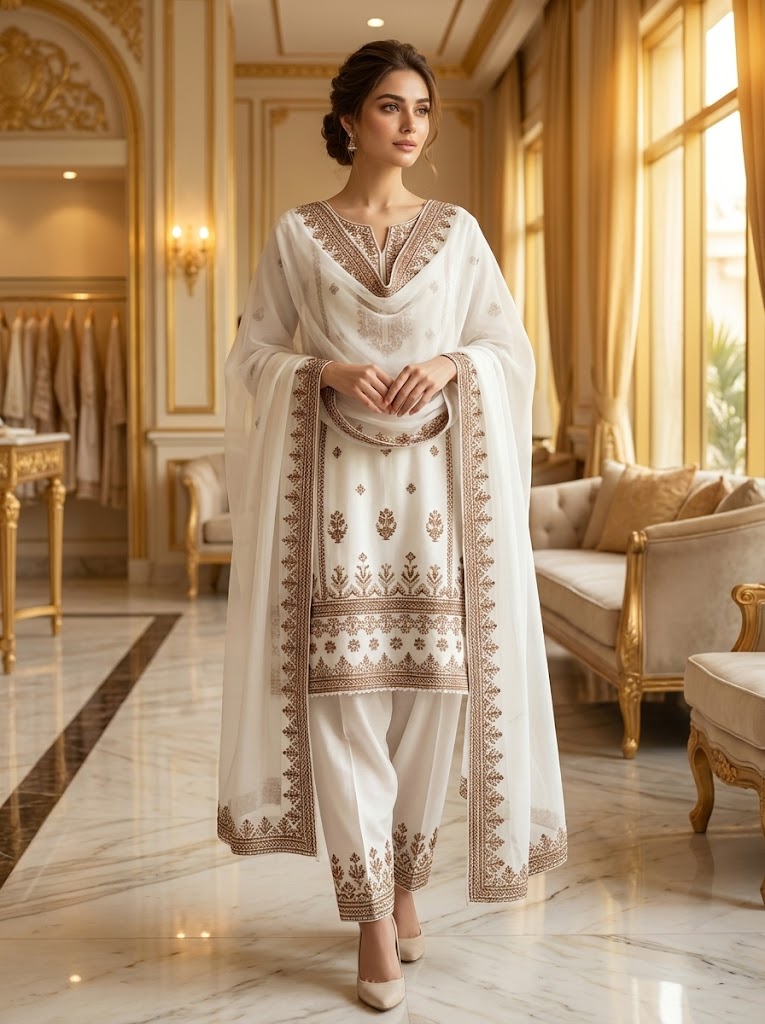 White & Gold Embroidered 3-Piece Suit with Palazzo 🤍