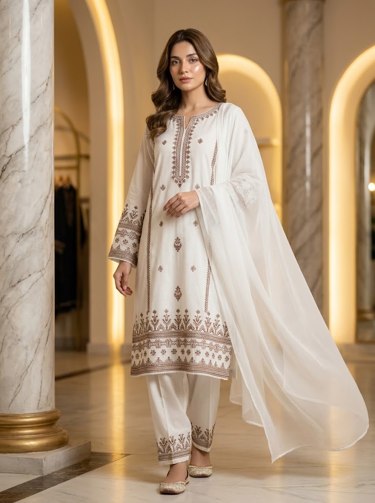 White & Gold Embroidered 3-Piece Suit with Palazzo 🤍
