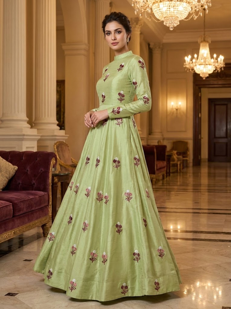 Pistachio Green Embroidered Flared Gown 💚