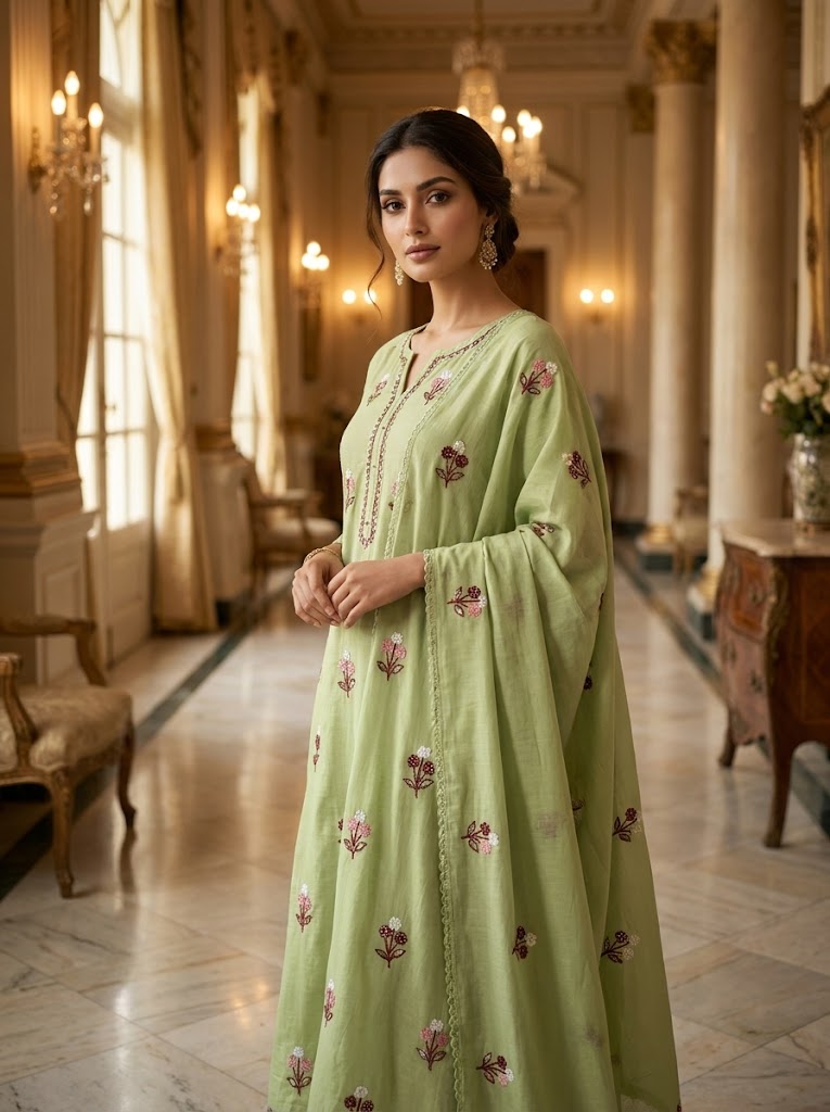 Pistachio Green Embroidered Flared Gown 💚