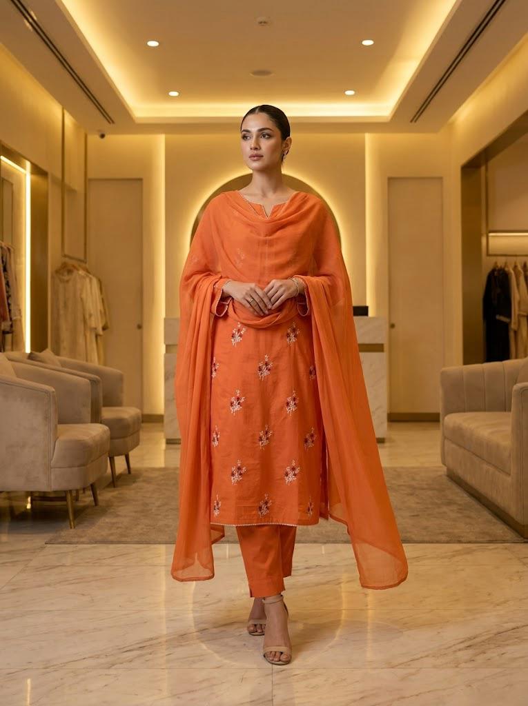 Vibrant Orange Embroidered 3-Piece Suit with Dupatta 🧡