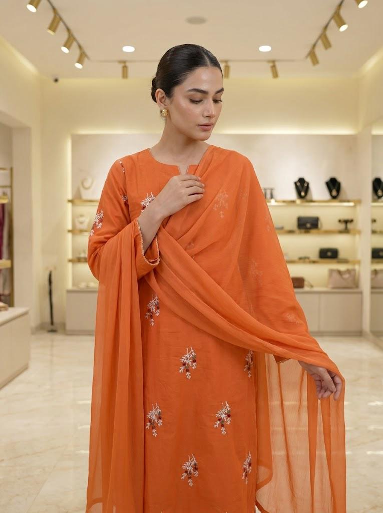 Vibrant Orange Embroidered 3-Piece Suit with Dupatta 🧡
