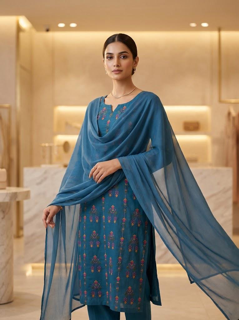 Teal Blue Embroidered 3-Piece Suit with Flowy Dupatta 💙