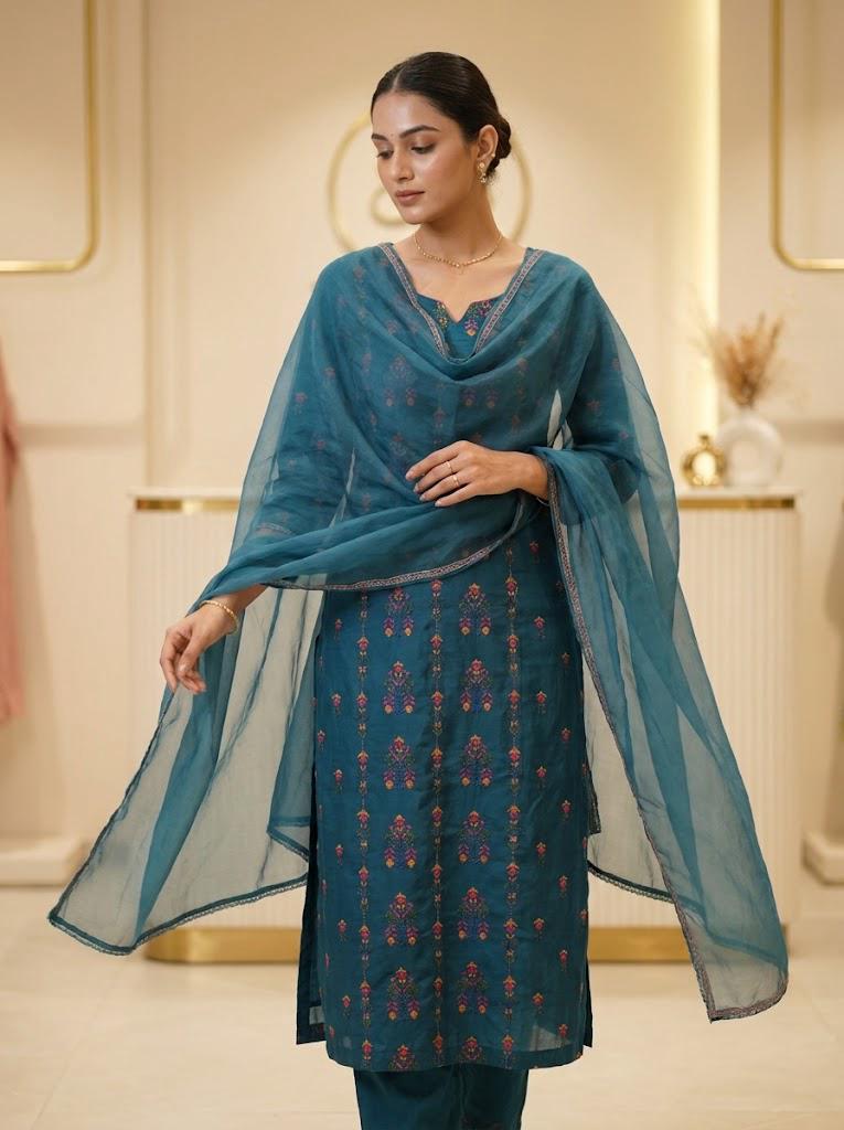 Teal Blue Embroidered 3-Piece Suit with Flowy Dupatta 💙