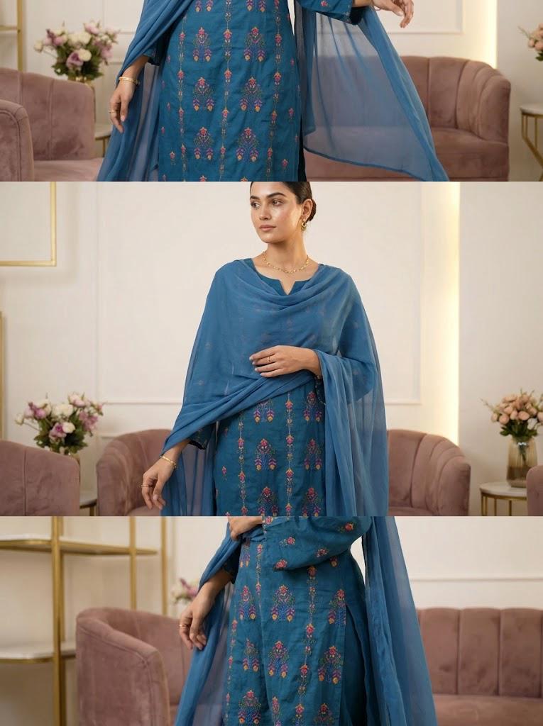 Teal Blue Embroidered 3-Piece Suit with Flowy Dupatta 💙