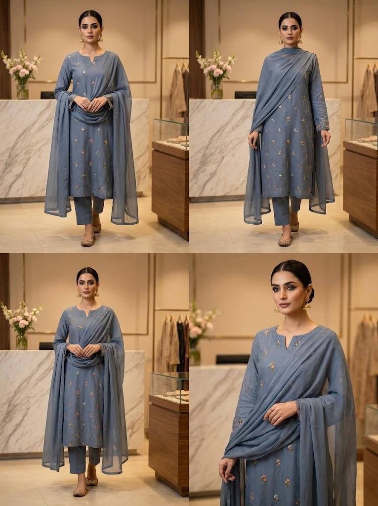 Teal Blue Embroidered 3-Piece Suit with Flowy Dupatta 💙