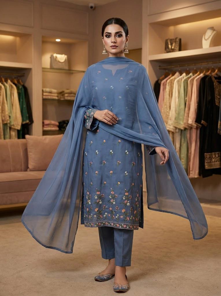 Teal Blue Embroidered 3-Piece Suit with Flowy Dupatta 💙