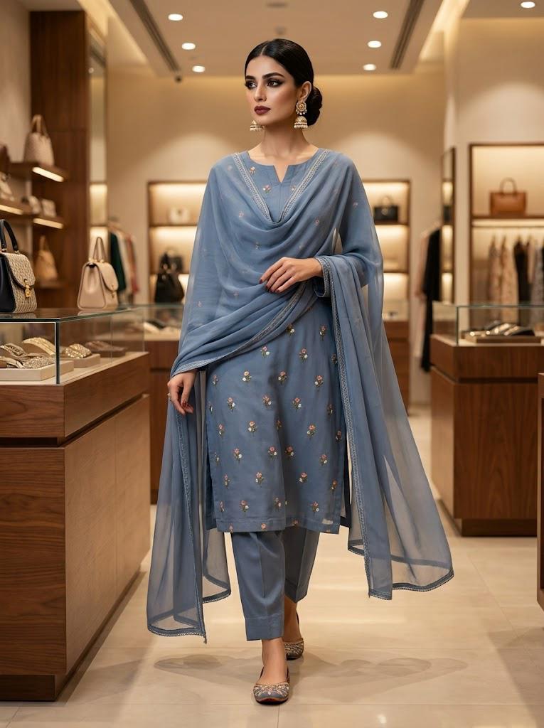 Teal Blue Embroidered 3-Piece Suit with Flowy Dupatta 💙