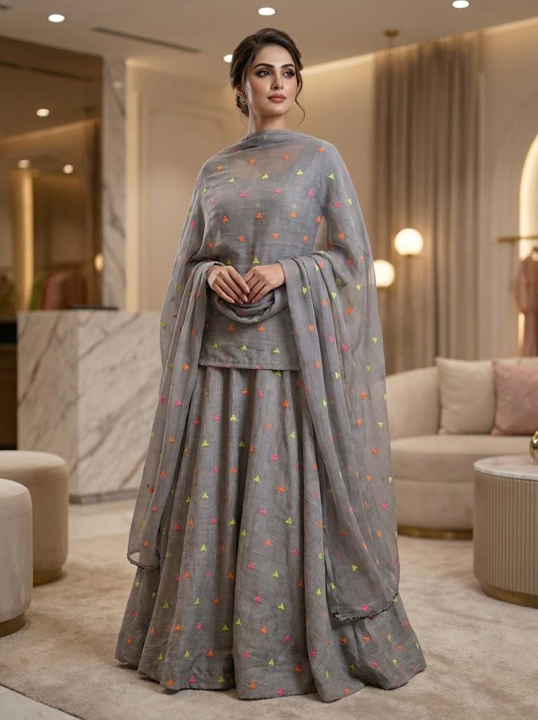 Grey Embellished Lehenga with Sheer Dupatta 🌈