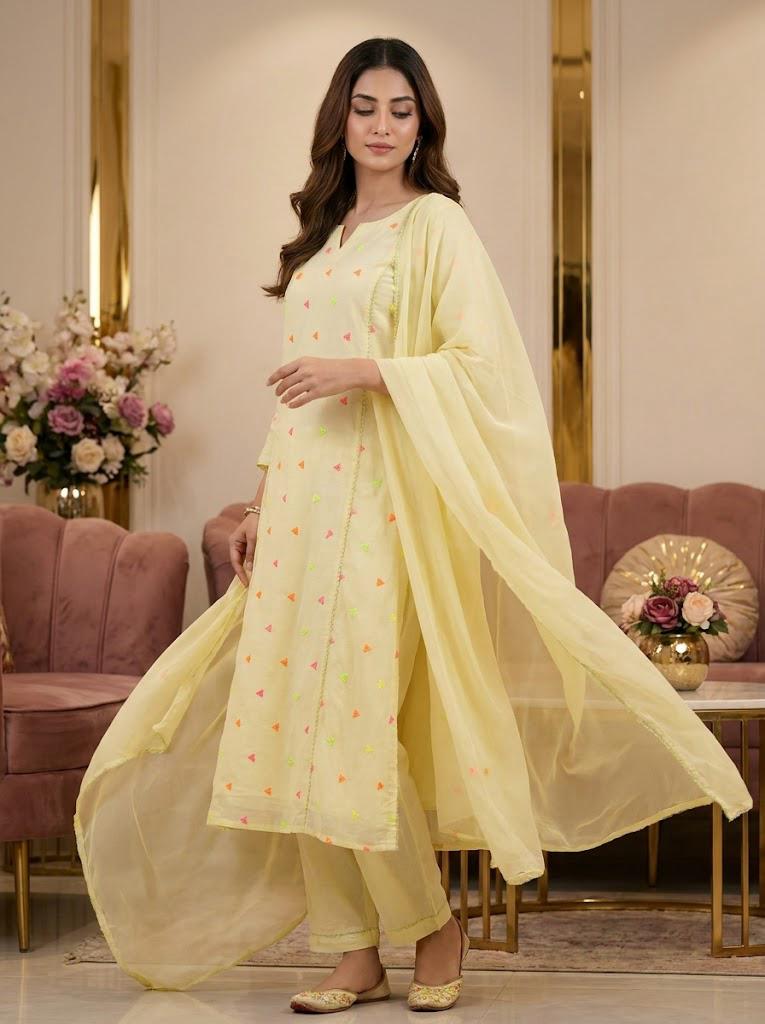 Pastel Yellow Embellished 3-Piece Suit with Flowy Dupatta 💛