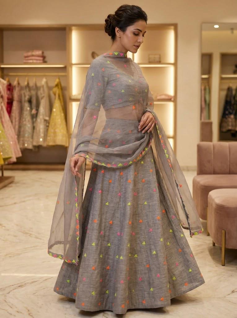 Grey Embellished Lehenga with Sheer Dupatta 🌈