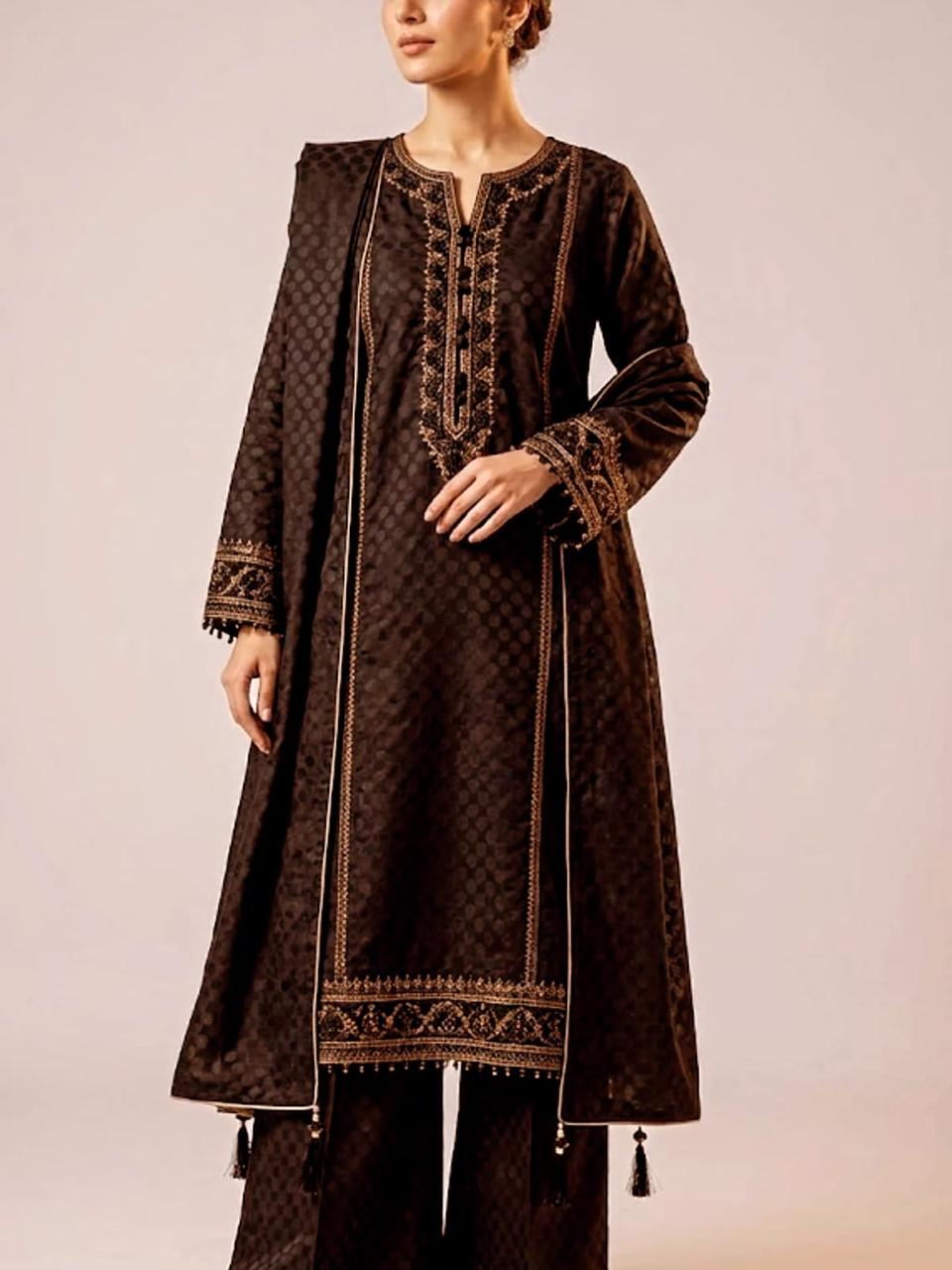Chocolate Brown Jacquard Embroidered 3-Piece Suit 🤎