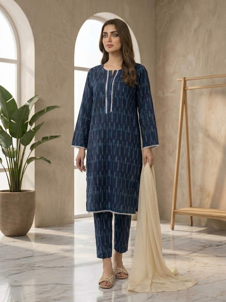 Navy Blue Printed 2-Piece Suit with Optional Contrast Dupatta 💙