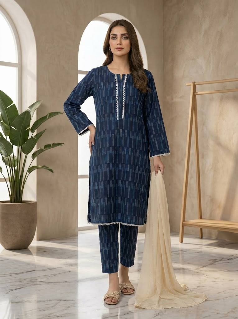 Navy Blue Printed 2-Piece Suit with Optional Contrast Dupatta 💙