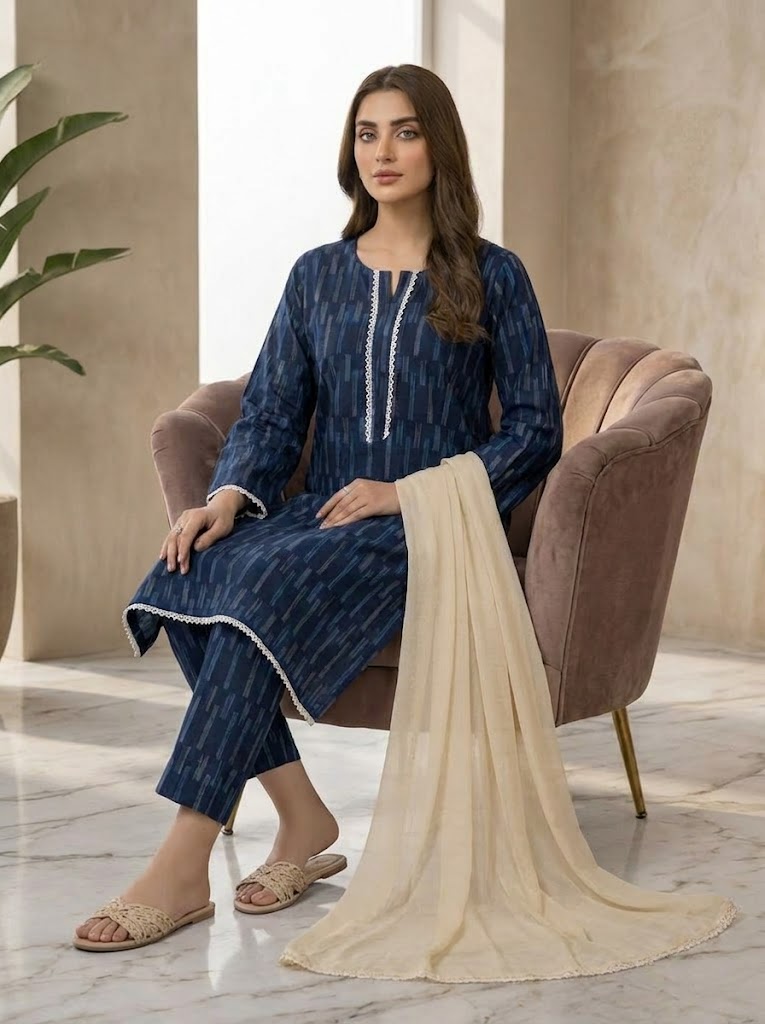 Navy Blue Printed 2-Piece Suit with Optional Contrast Dupatta 💙