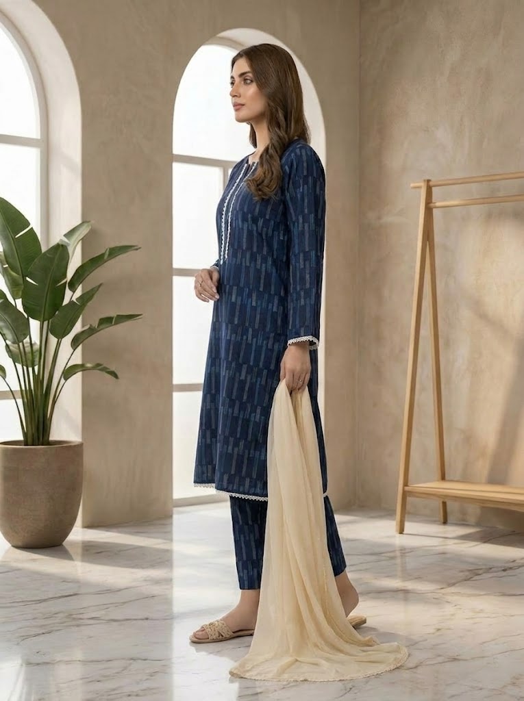 Navy Blue Printed 2-Piece Suit with Optional Contrast Dupatta 💙