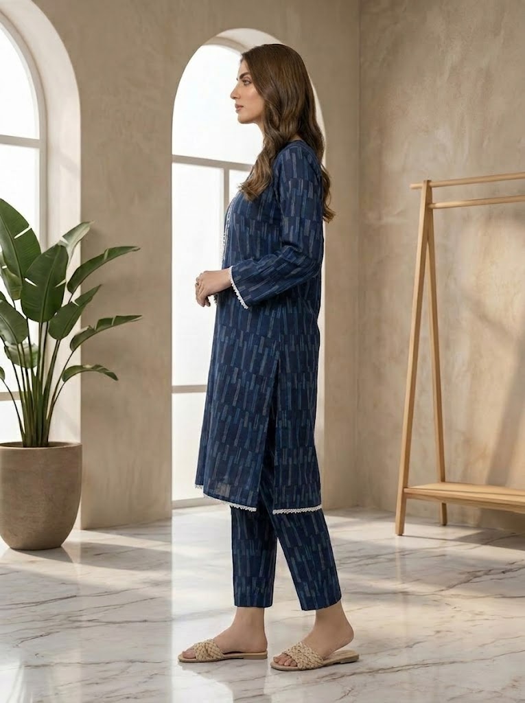 Navy Blue Printed 2-Piece Suit with Optional Contrast Dupatta 💙