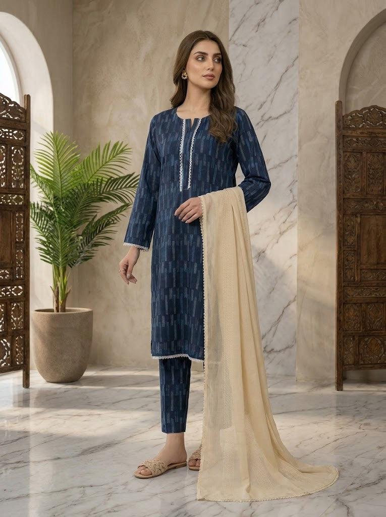 Navy Blue Printed 2-Piece Suit with Optional Contrast Dupatta 💙