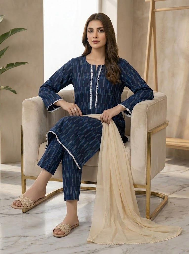 Navy Blue Printed 2-Piece Suit with Optional Contrast Dupatta 💙