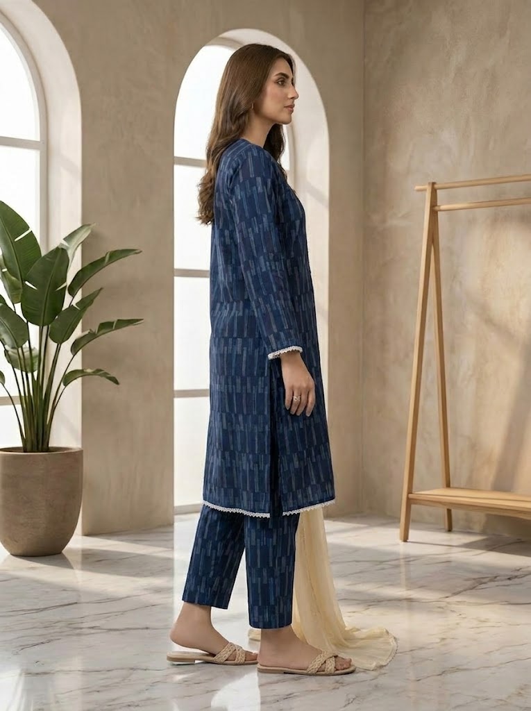Navy Blue Printed 2-Piece Suit with Optional Contrast Dupatta 💙