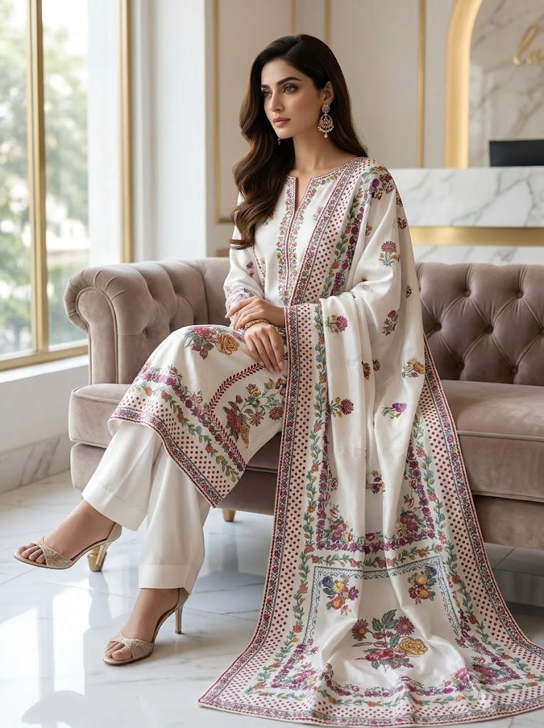 Ivory Floral Printed 2-Piece Suit with Optional Dupatta 🌸