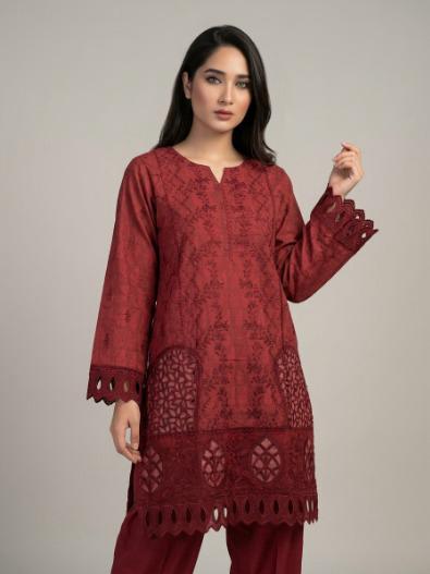 Maroon Embroidered Kurti with Laser-Cut Detailing ❤️